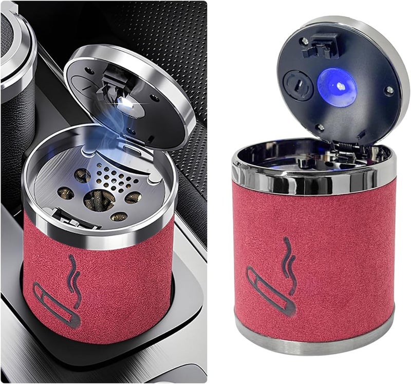 Wevdn Car Ashtray with Lid, Detachable & Portable Stainless Steel Smokeless Ashtrays for Car, Mini Universal Smell Proof Windproof Car Ashtray with LED Blue Light (Red-Plush Surface) - Image 1
